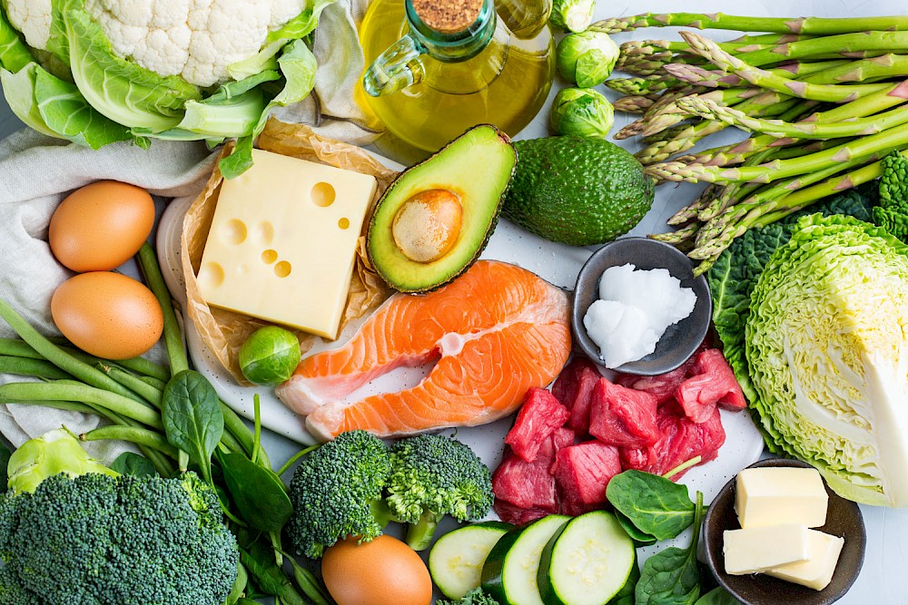 Healthy Ketogenic Foods laid out as a bounty: cauliflower, avocado oil, Brussels sprouts, asparagus, eggs, cheese, avocado, coconut oil, cabbage, green beans, salmon, beef, broccoli, spinach, cucumber, butter